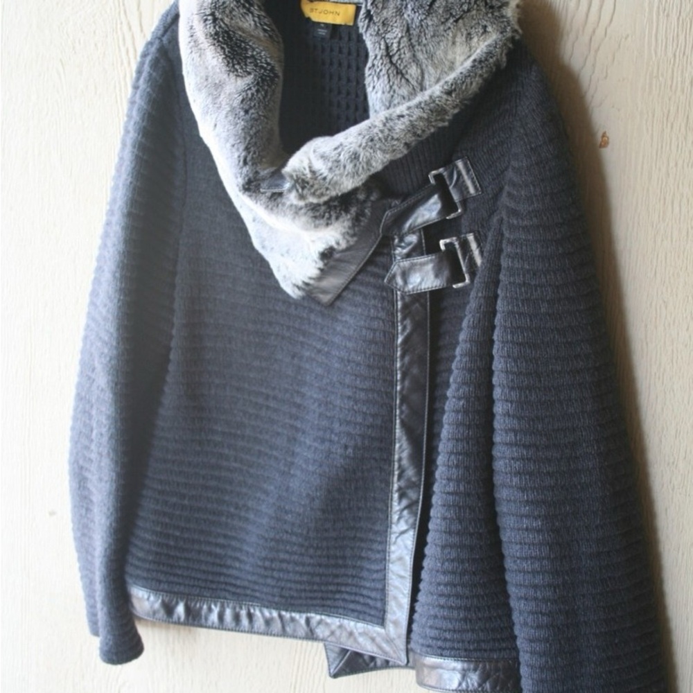 St. John Black Sweater with Faux Fur Trim